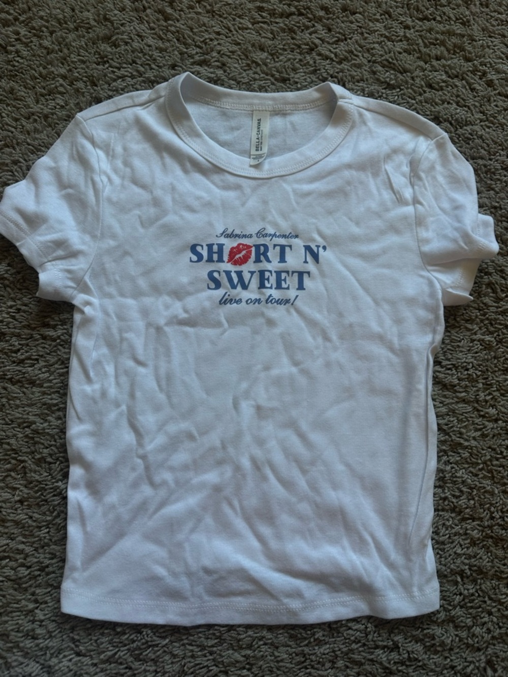 Short N' Sweet Sabrina Carpenter Graphic Baby Tee in White with Blue & Red Print